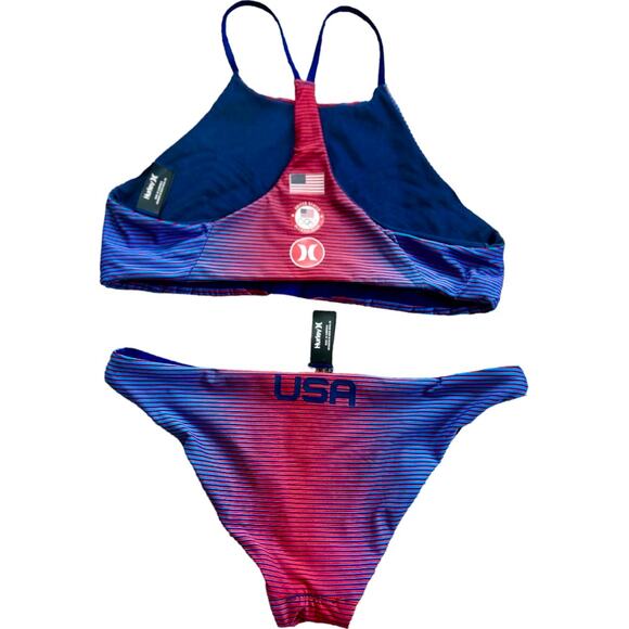 EUC Hurley High Neck Two Piece Swimsuit in Red/Blue Size Medium Top/Small Bottom - Picture 2 of 15